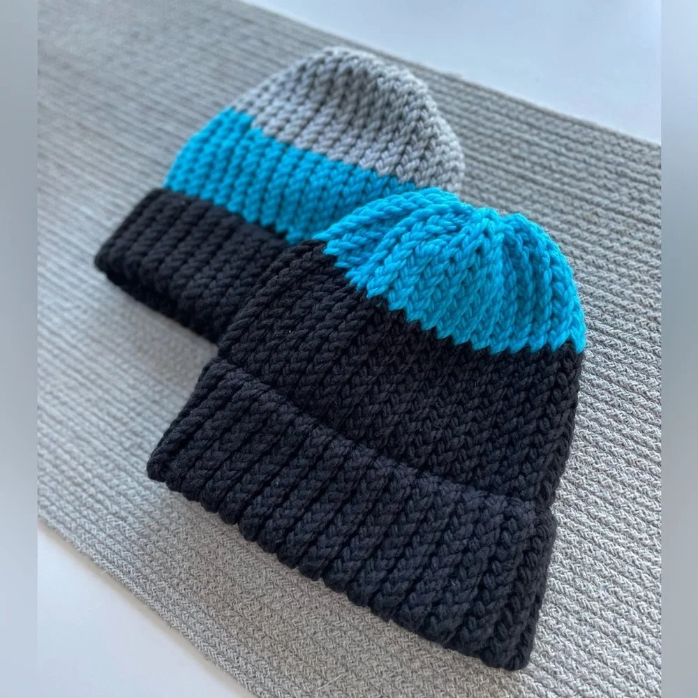 Set/2 Handknit Beanie Winter Hats Gray Turquoise Black Fisherman Aesthetic